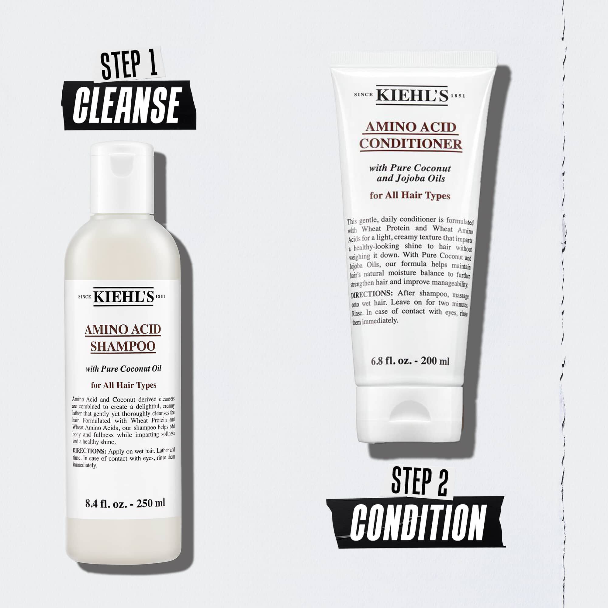 Kiehl's Amino Acid hajapolasi rutin illusztracio flakonokkal – 1. lepes Tisztitas, 2. lepes Kondicionalas