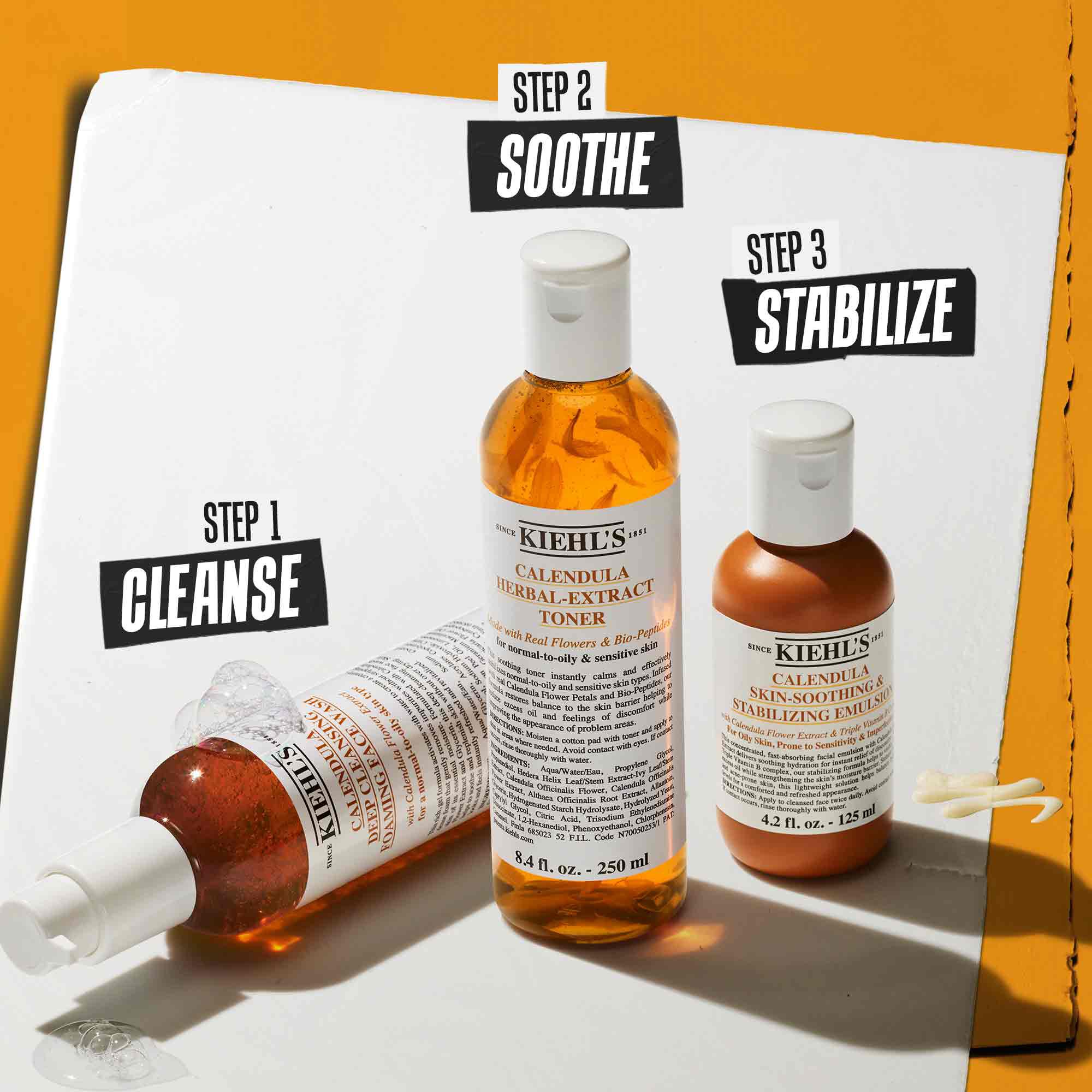 Haromlepeses rutin Kiehl's termekekkel. 1. lepes: Calendula Deep Cleansing Foaming Wash. 2. lepes: Calendula Herbal-Extract Toner. 3. lepes: Calendula Skin Soothing Stabilizing Emulsion.