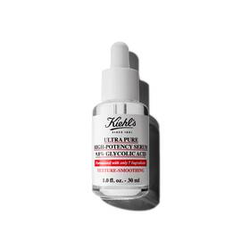 Egy 30 ml-es Kiehl's Ultra Pure 9.8% Glycolic Acid Serum flakon feher hatter előtt.