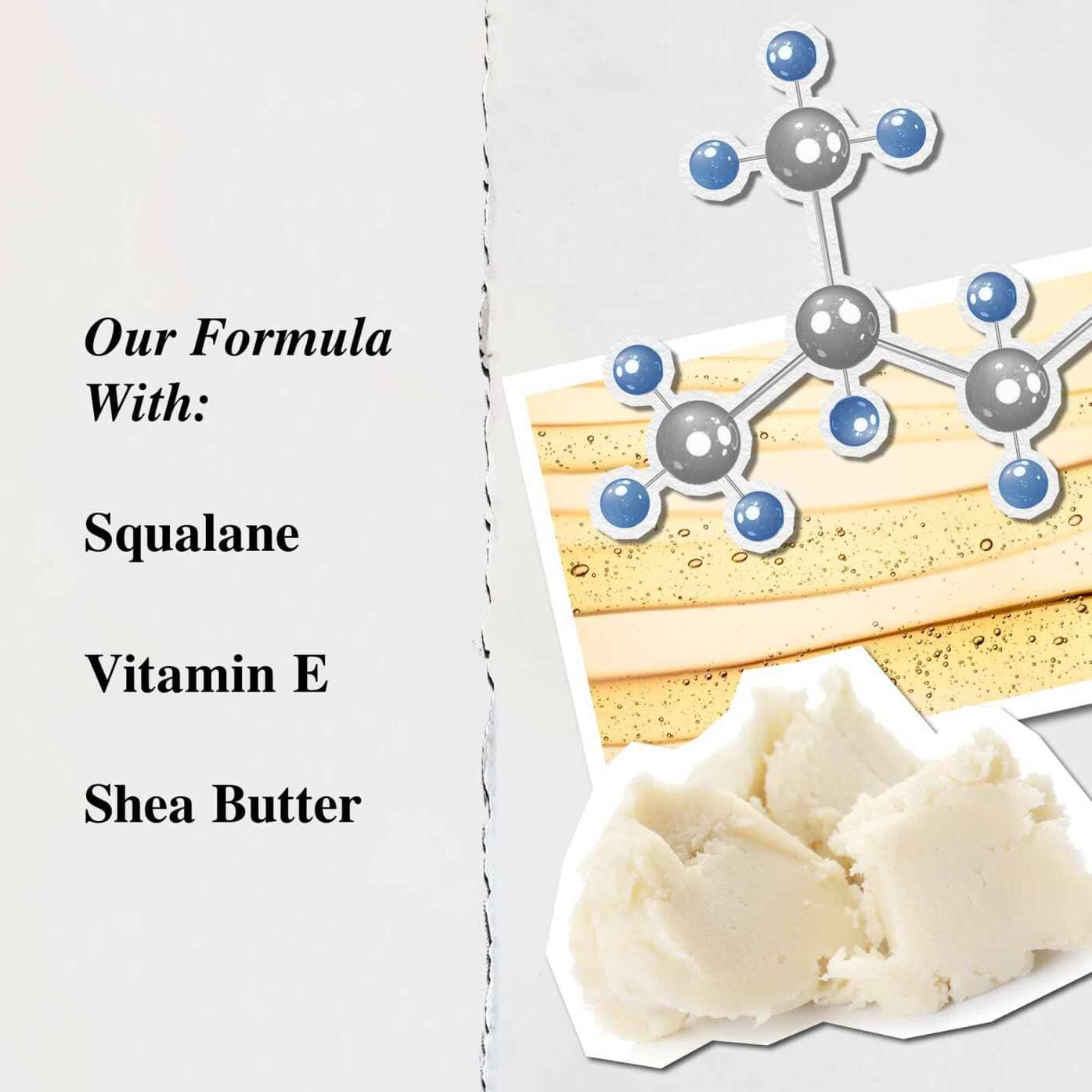 A Lip Balm #1 fő osszetevőit kiemelő grafika: sheavaj, szkvalan es E-vitamin.