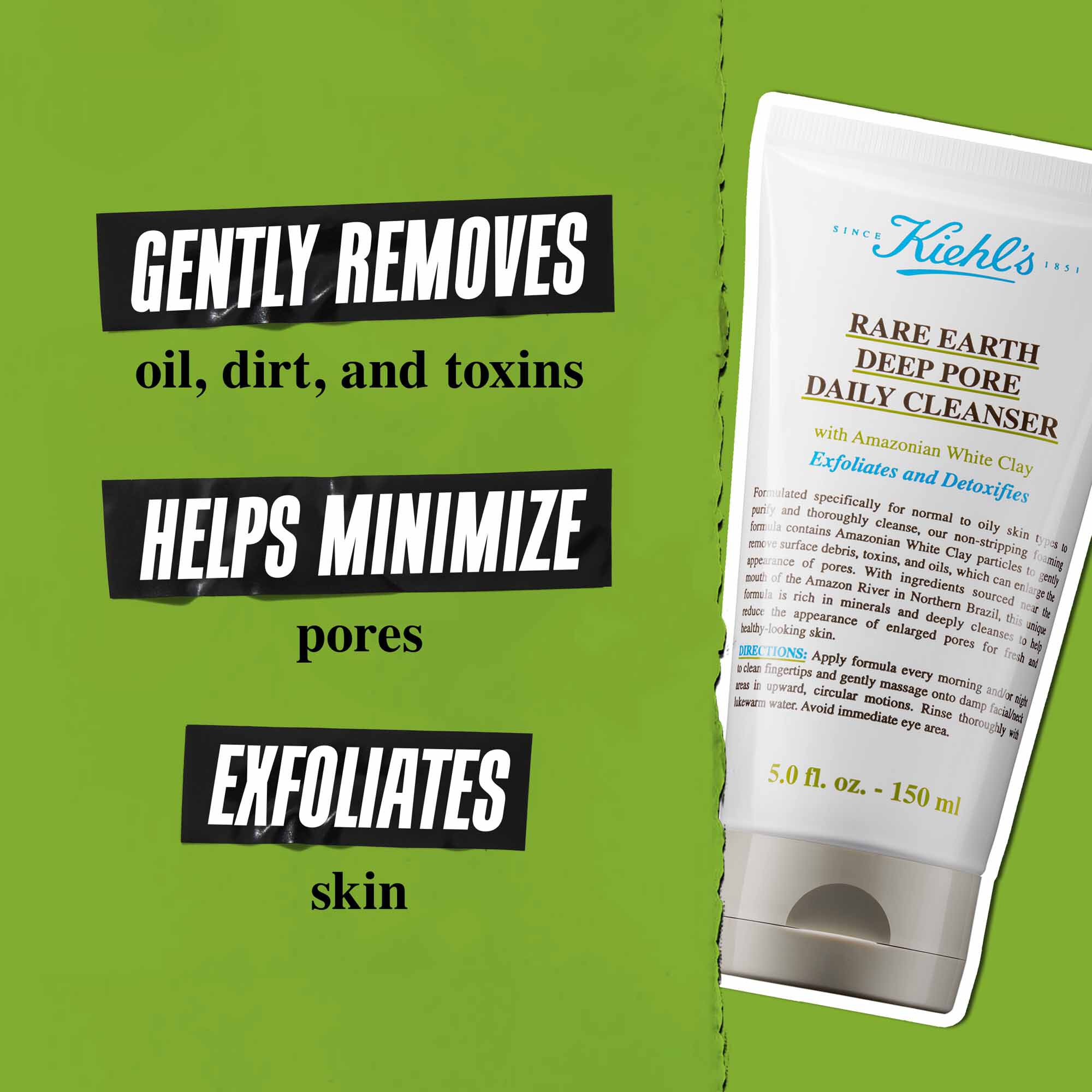 Egy Rare Earth Deep Pore Daily Cleanser tubus zold hatter előtt, a szoveg jelentese: „Kimeletesen eltavolitja a szennyeződeseket, az olajat es a toxinokat. Minimalizalja a porusokat. Hamlasztja es melyen tisztitja a bőrt.”