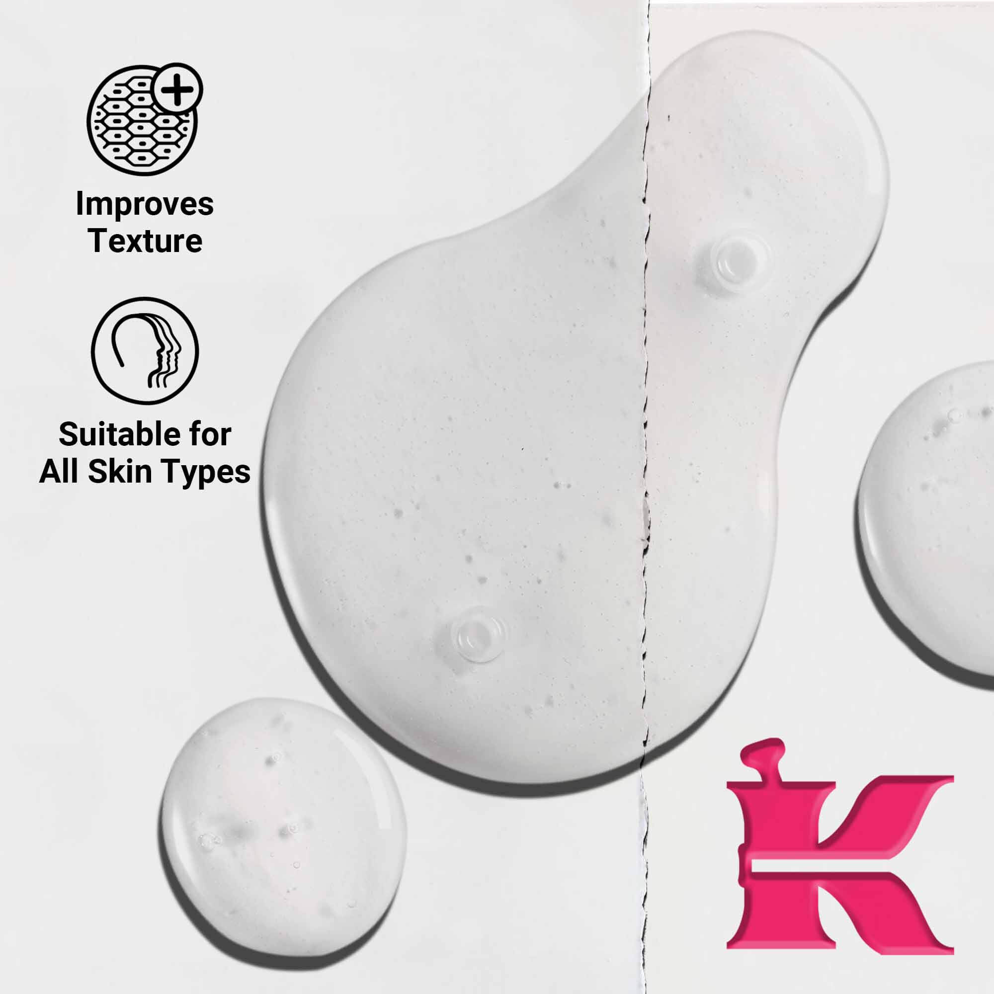 Az Ultra Pure 9.8% Glycolic Acid Serum texturajanak kozelkepe, amely tiszta folyadekcseppeket mutat. A szoveg kiemeli a texturajavito kepesseget es azt, hogy minden bőrtipusra alkalmas.