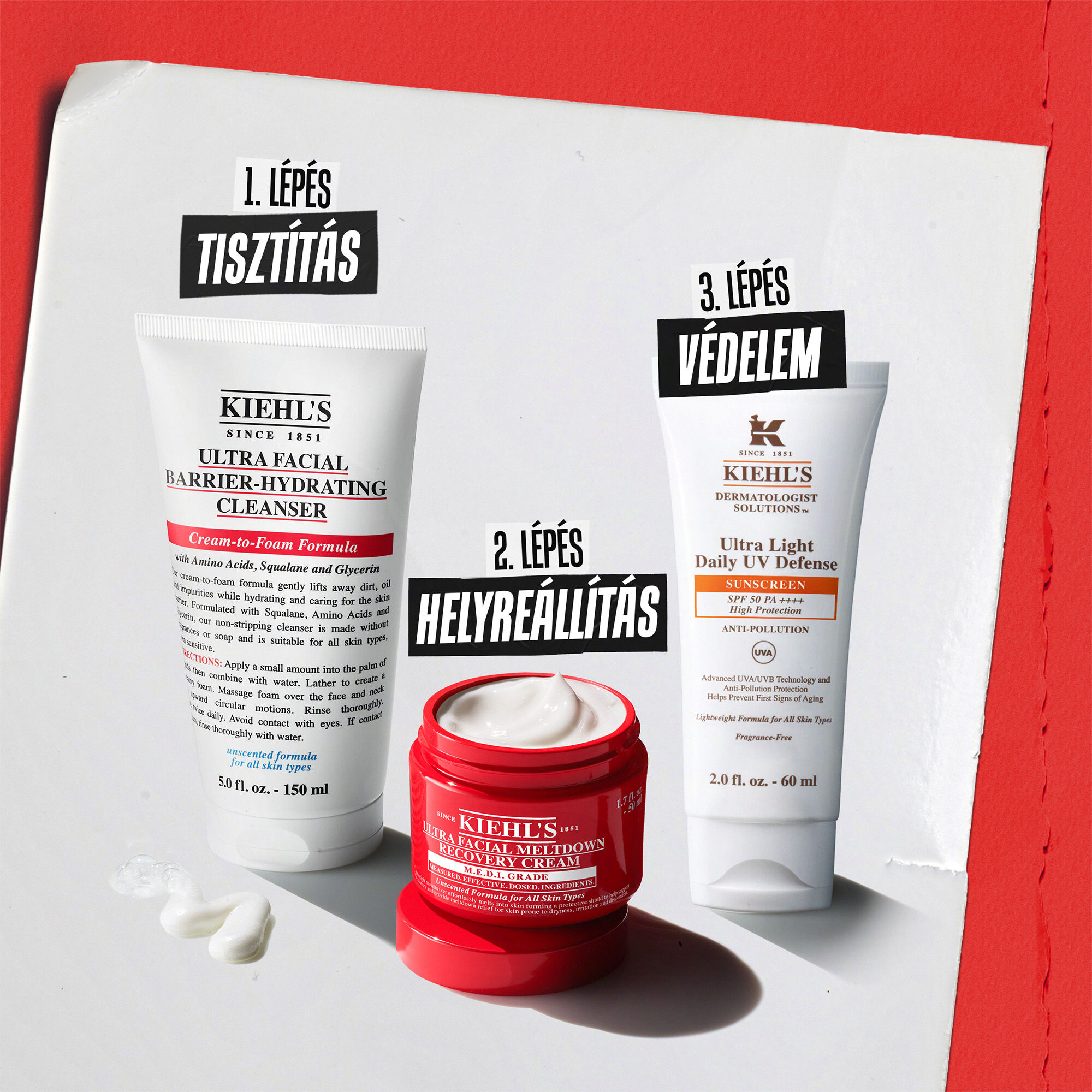 Harom Kiehl’s termek: 1. lepes tisztitas (Barrier-Hydrating Cleanser), 2. lepes regeneralas (Meltdown Recovery Cream) es 3. lepes vedelem (Better Screen UV Serum).