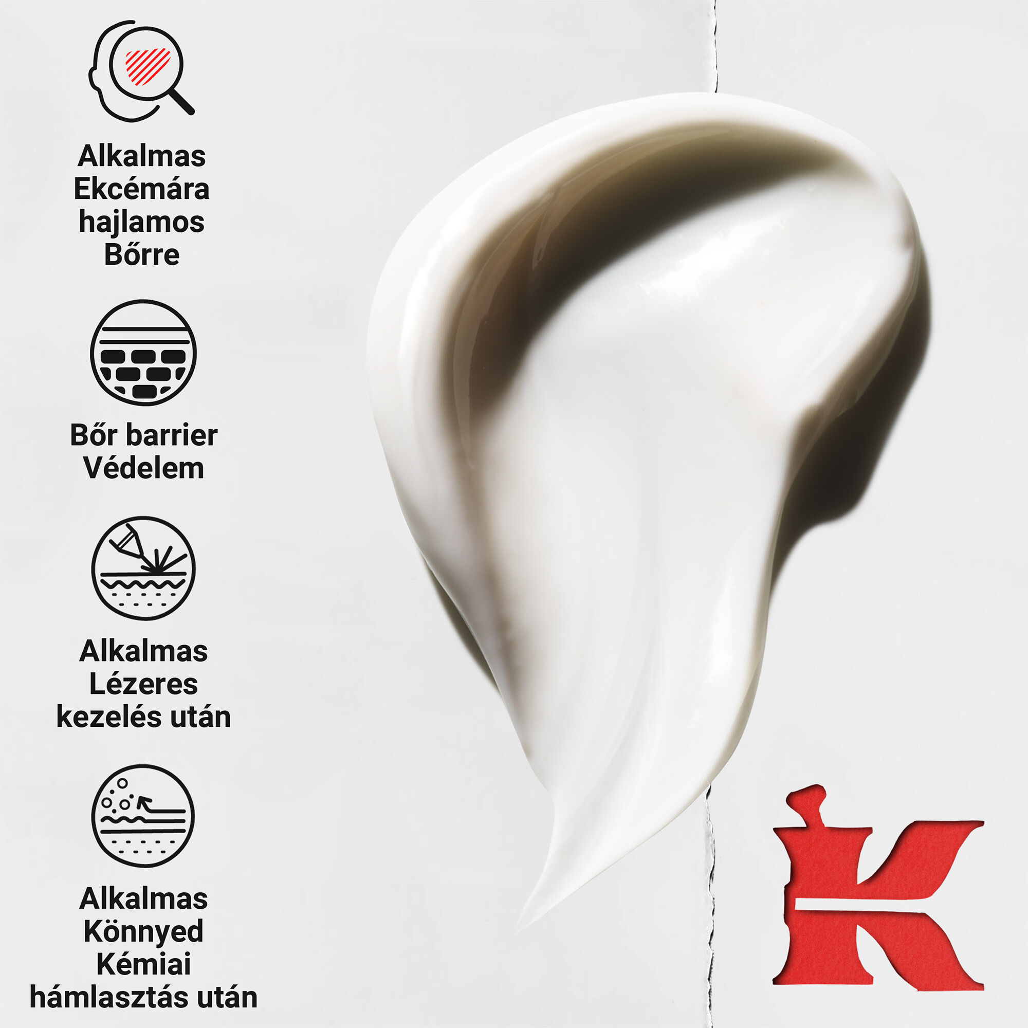 Kozeli felvetel az irritalt arcra felvitt regeneralo kremről. A szoveg felirata: ENYHITI A BŐR KELLEMETLEN ERZESET, A SZARAZSAGOT ES A HAMLAST.