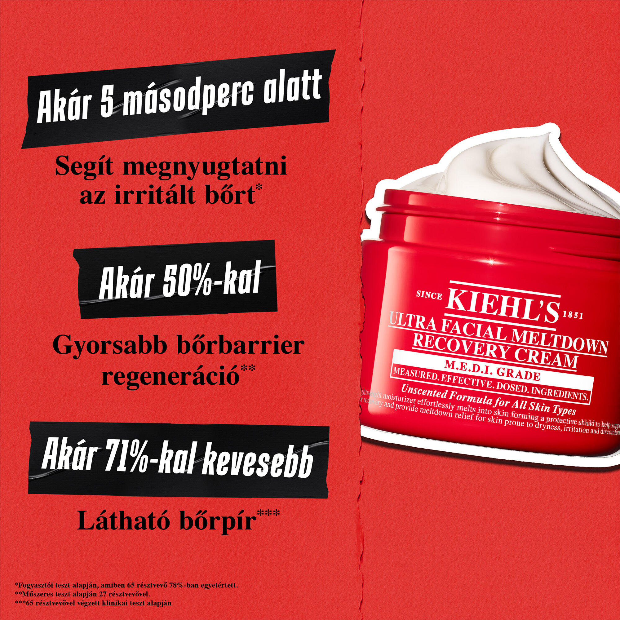 Piros hatter kremes tegellyel. A szoveg felirata: Bőrirritacio enyhitese 5 masodperc alatt, +50%-kal gyorsabb bőrvedő gat regeneralodas es -71% lathato bőrpir.