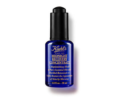 Kek uveges olajszerum, Kiehl's Midnight Recovery Concentrate felirat, a bőr ejjeli regeneralasahoz.