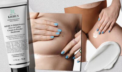 A collage featuring Kiehl's Over & Under Cream-to-Powder Deodorant tube and a close-up of a person applying the product on their skin, highlighting smooth, moisturized areas. The individual has light blue nail polish and is shown in a natural pose.