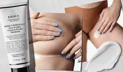 A collage featuring Kiehl's Over & Under Cream-to-Powder Deodorant tube and a close-up of a person applying the product on their skin, highlighting smooth, moisturized areas. The individual has light blue nail polish and is shown in a natural pose.
