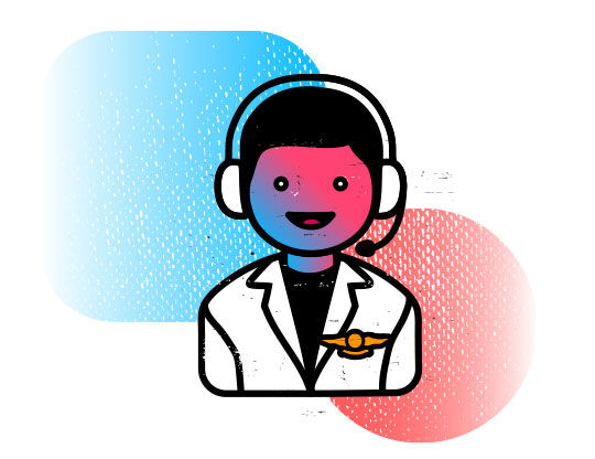 Pilota sisakos fejhallgatoval, feher kabatban, baratsagosan mosolyogva kek es piros hatter előtt.