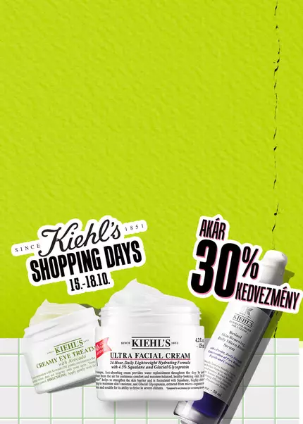 Zold csempes banner Kiehl's termekekkel: Creamy Eye Treatment avokadoval, Ultra Facial Cream es Retinol szerum. Felirat: "Shopping Days 15.10-18.10. Akar 30% kedvezmeny"
