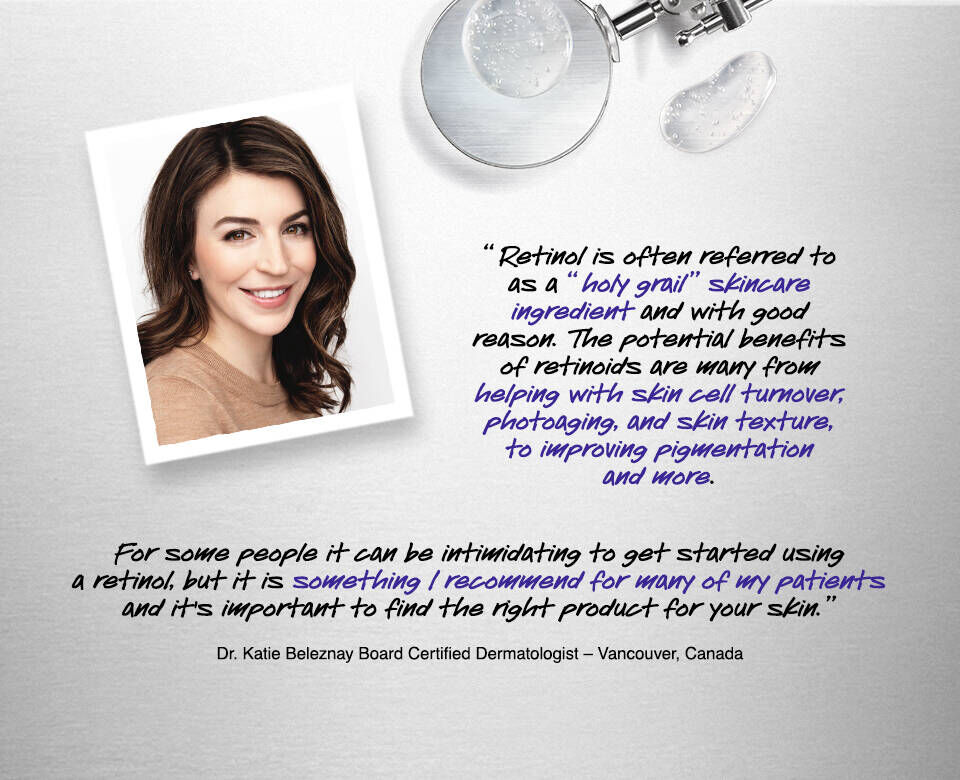 A testimonial from Dr. Katie Bellegarde, a board-certified dermatologist, discussing the benefits of retinol for skincare, including addressing issues like texture and pigmentation. The background includes skincare-related items.