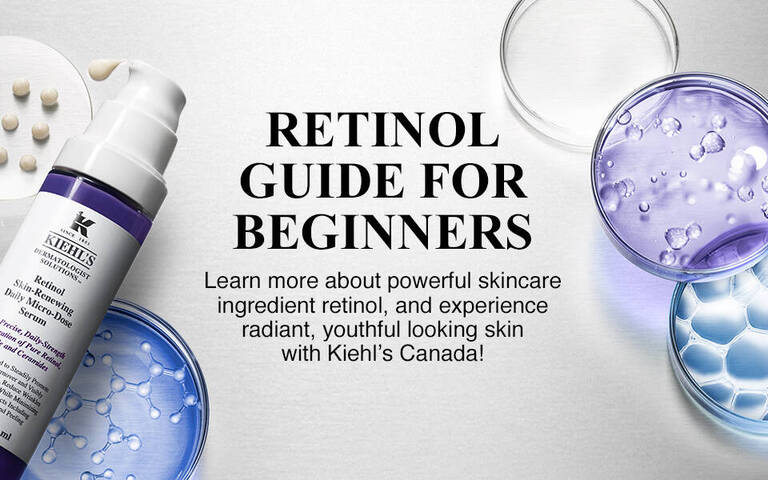 An array of skincare products and laboratory glassware featuring a retinol serum, with the text "Retinol Guide for Beginners" promoting the benefits of retinol for youthful skin.