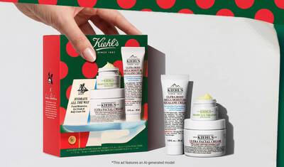 A Kiehl's ajandekszettje – amely az Ultra Facial Kremet, az Ultra Body Mega Moisture Squalane Cream testapolot es az avokados Creamy Eye Treatment szemkornyekapolot tartalmazza – karacsonyi arcimkevel ellatva lathato.