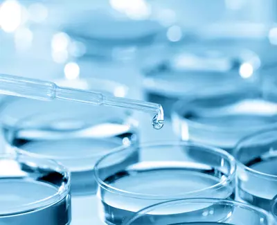 A close-up of a dropper gently releasing a droplet into a series of blue-tinted petri dishes.