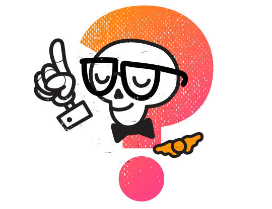 Kerdőjel alaku, szemuveges koponya, mellette zar es szarny ikon, jatekos es kivancsi kifejezessel.