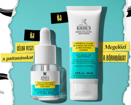 Kiehls bőrapolo termekek, pattanasok elleni megoldasokkal, fekete es sarga hatterrel, magyar nyelvu szoveggel.