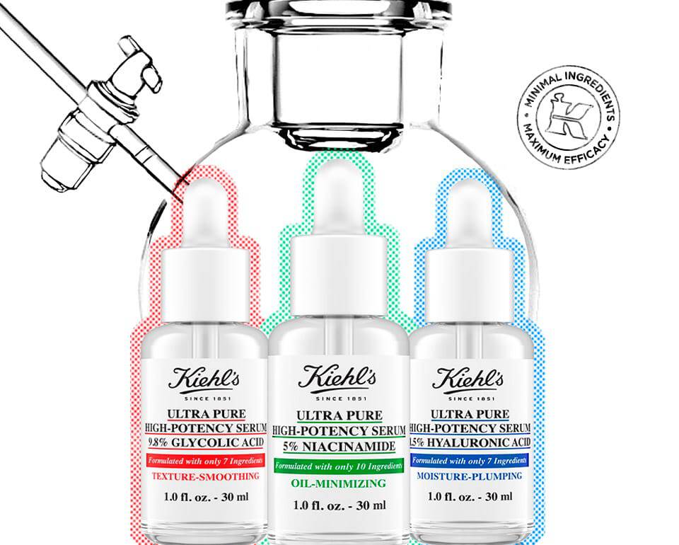 Harom kulonboző szerum uvege, amelyeken a "Kiehl's" felirat lathato. Az uvegek kozott szines vonalak huzodnak, a hatterben pedig a "We Skincare About You!" felirat olvashato.