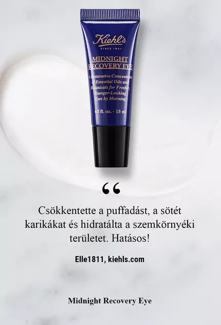 Крем за очи от Kiehl's с текст "Намалява подуването, намалява тъмните кръгове и хидратира около очите." на фона на мраморна повърхност.