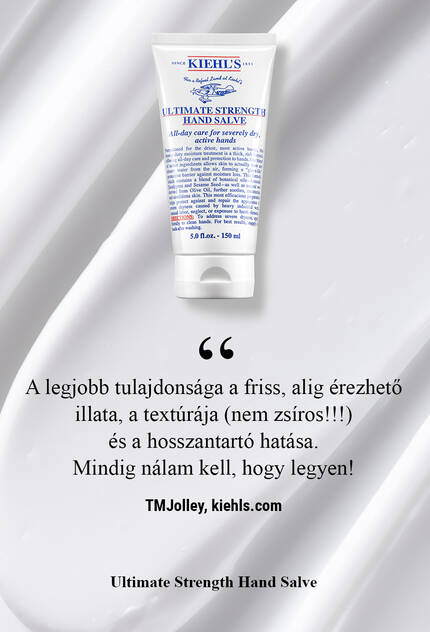 Туба с крем за ръце "Ultimate Strength Hand Salve" на Kiehl's, поставена на бяла вълнообразна повърхност. Текстът обяснява характеристиките на продукта.