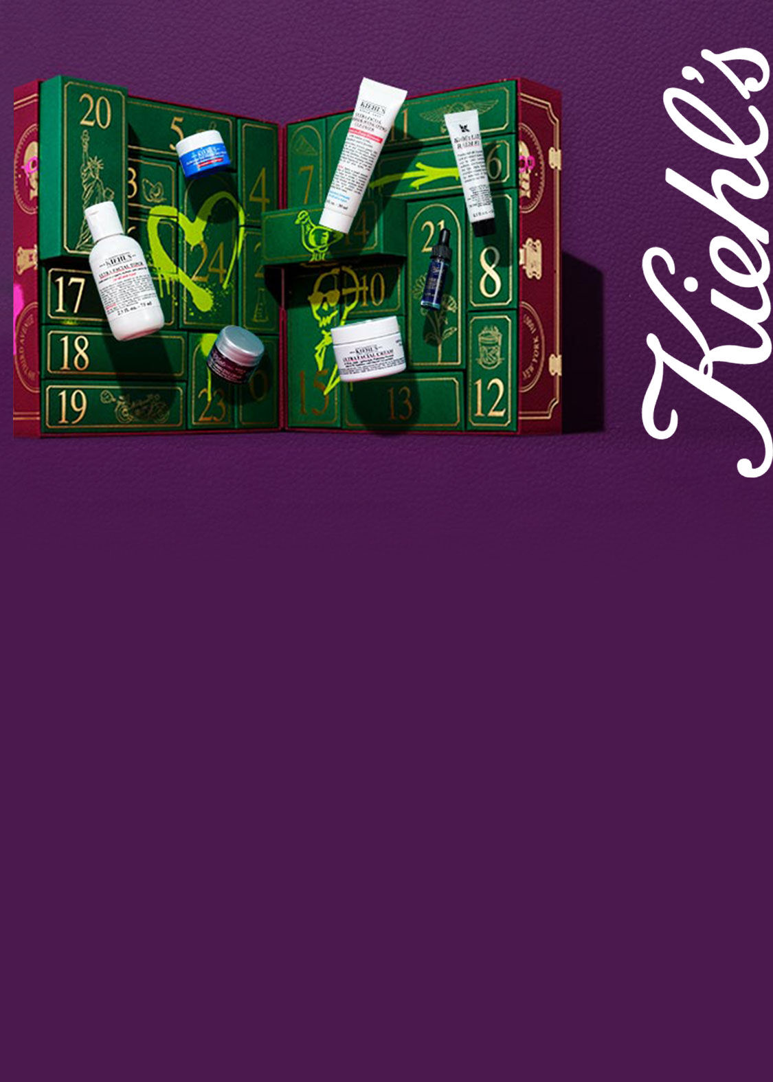 Kinyitott zold Kiehl's adventi naptar termekekkel (Ultra Facial Cream, Toner, stb.) lila hatteren, graffiti diszitessel.