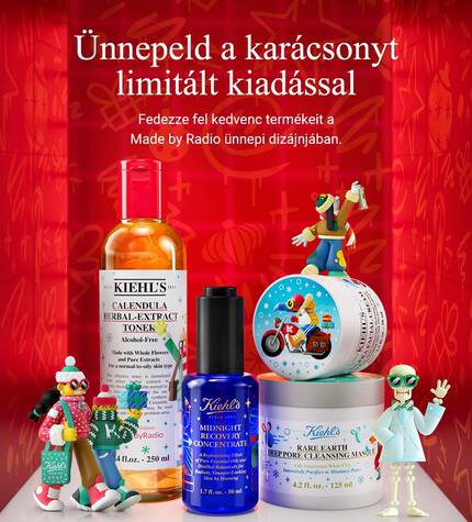 A festive display featuring limited edition beauty products and holiday-themed decorations, alongside colorful figurines. The background features a vibrant red design with holiday motifs. Text reads, "Celebrate the Holidays with our Limited Editions."