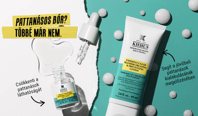 A graphic featuring Kiehl's acne treatment products, including an invisible liquid pimple patch and a lotion, both labeled for acne treatment with a focus on hydration and prevention.