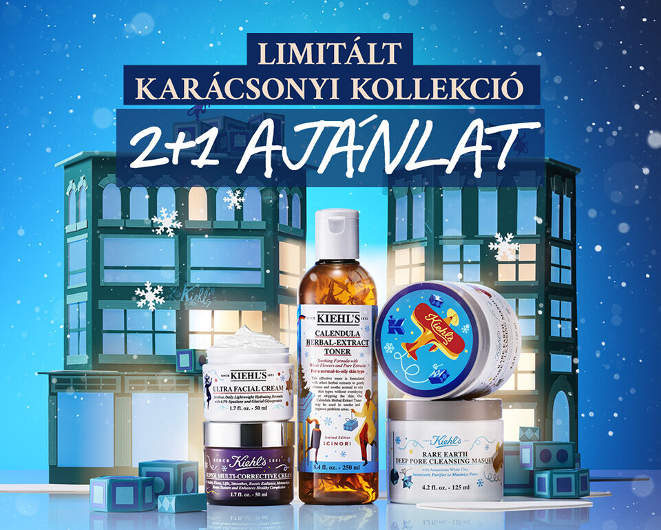 Limitalt karacsonyi kollekcio, 21 ajandek. Az image hatterben unnepi hangulatot araszto kek szin es hopelyhek lathatok, elol kulonfele apolasi termekek.