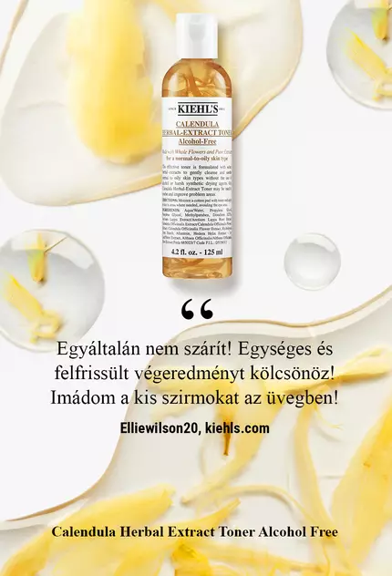 A bottle of Kiehl's Calendula Herbal-Extract Toner surrounded by calendula petals, accompanied by a customer testimonial about the product's refreshing qualities.